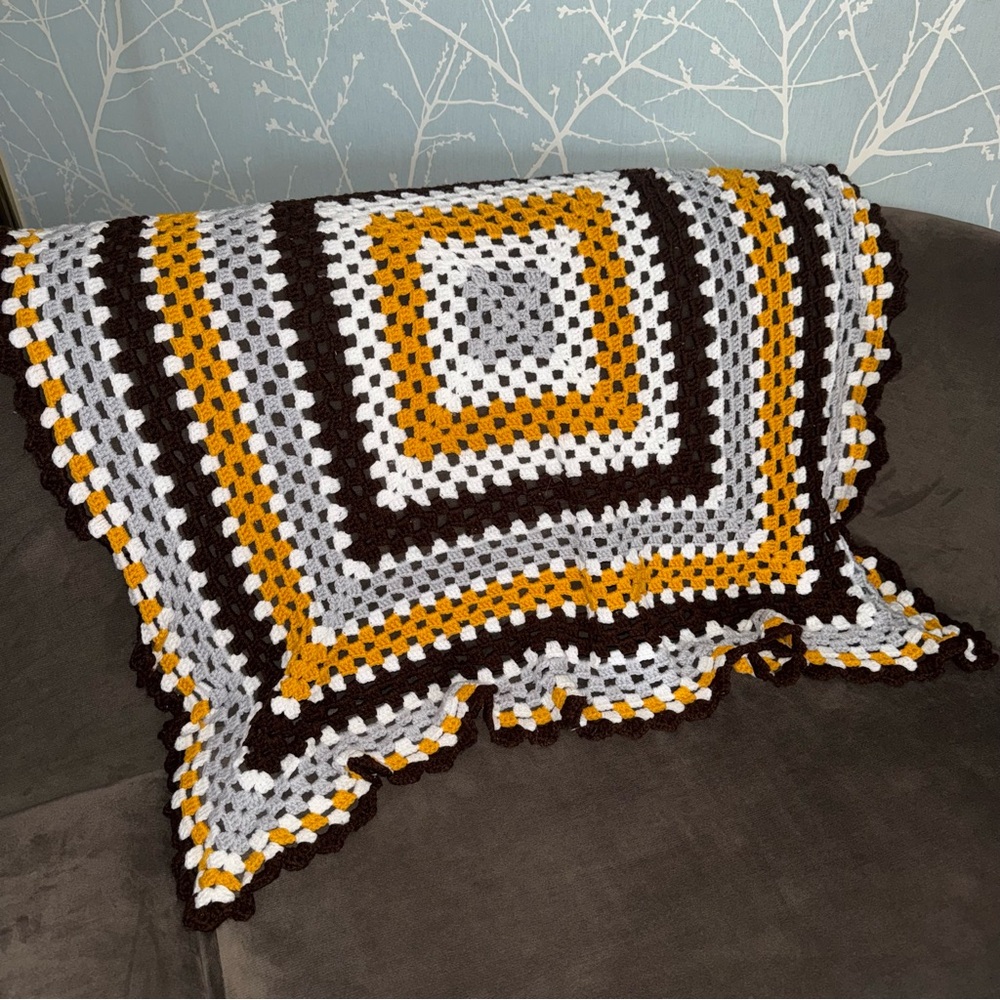 Handmade Crochet Granny Square Blanket 36x36 Brown Gold White Gray Throw - Picture 3 of 3